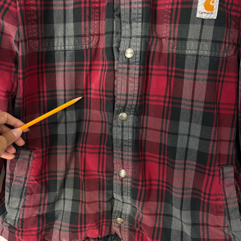 Carhartt Men's Red Black Plaid Flannel Shirt Jacket- Shacket Size‎ L Thrashed - Picture 6 of 14